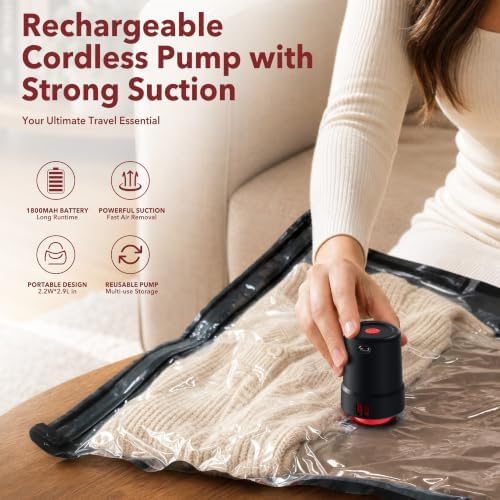 MEIQIHOME 20 Pack PackEase Travel Vacuum Bags 1800mAh Wireless Pump, 80% Compression Space Saver for Luggage, Clear PA+PE Reusable Seal Bags for Clothes, Portable Electric Air Pump for Travel & Home - Image 3
