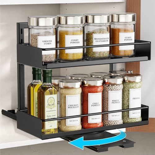 iSPECLE Vertical Spice Rack Pull Out - 1 Pack Rotate No-Drill Slide Out Spice Rack for Cabinet Swivel Easy Access Spices, Adjust Height for 4oz to 8oz Spice Jars Inside Kitchen Pantry Cabinet, Black by iSPECLE