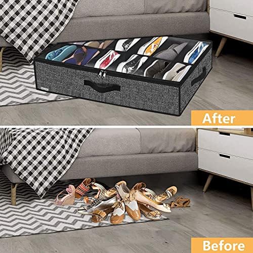 Onlyeasy Sturdy Under Bed Shoe Storage Organizer, Set of 2, Fit 12 to 24 Pairs, Underbed Shoes Closet Storage Solution with Clear Window, Breathable, L29.3 x W23.6 x H5.9, Linen-like Black, MXAUBSB2P - Image 3