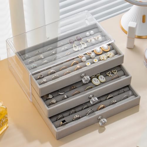 SPAKOWN Ring Box Display Holder, Clear Velvet Jewelry Storage Tray Organizer for Ring Stud Earring (Grey - 3 Drawers) - Image 4