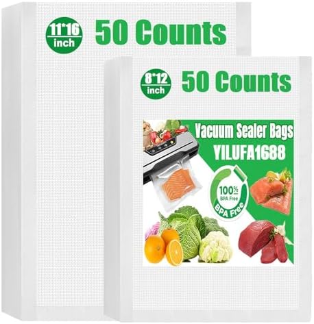 Vacuum Sealer Bags for Food - 100 Pack Precut Mixed Sizes (11"x16"+8"x12") | Commercial Grade BPA-Free | 6X Longer Freshness | Fits All Clamp Machines | For Food Storage, Meal Prep & Sous Vide by YILUFA1688
