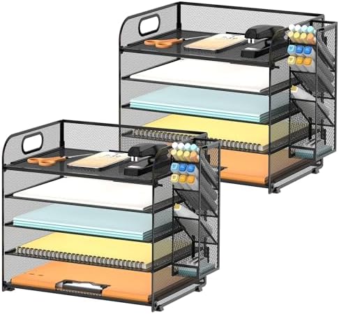 5-Tier Paper Organizer for Desk with Pen Holders, 2-Pack, Black by SUPEASY