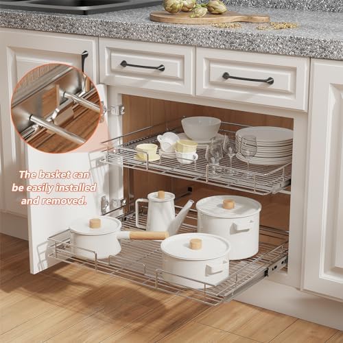 ROOMTEC Individual Pull Out Cabinet Organizer (25½"W x 21½"D), 2 Tier Spice Rack Organizer for Cabinet, Slide Out Drawer Pantry Shelf Organization and Storage for Kitchen Bathroom - Image 5