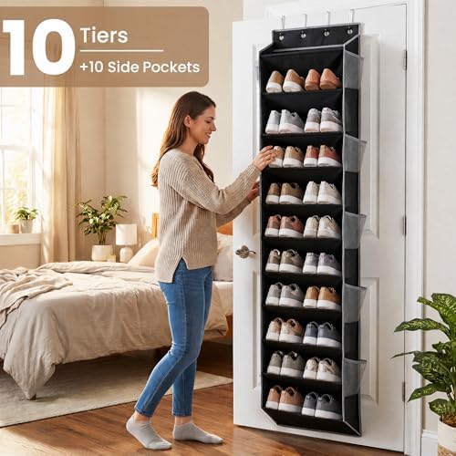10-Tier Over The Door Organizer with 4 Anti-Scratch Silicone Hooks & 10 Side Pockets, Hanging Shoe Organizer for Closet (20 Pairs), Behind the Door Storage - Image 4