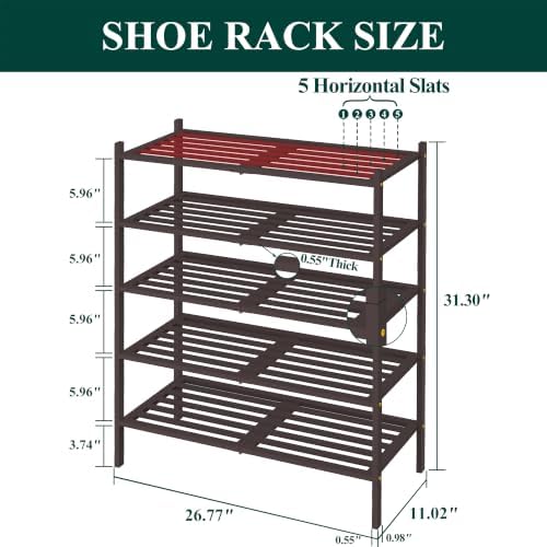 Smiry Bamboo Shoe Rack, 5 Horizontal Slats, 5 Tier - 26.8" Wide, Brown - Image 2