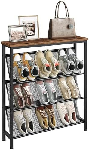 CHOEZON Shoe Rack, 4-Tier Slanted Shoe Storage Shelf, Narrow Shoe Rack for Entryway, Shoe Organizer with Adjustable Feet, Slim Shoe Shelf with Wooden Top and Metal Frame Rustic Brown and Black TXJ75BF by Choezon