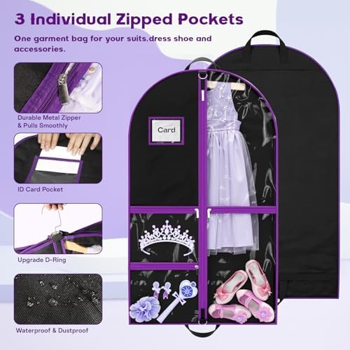 2Pack Dance Garment Bags for Dancers, 40" Garment Bags for Hanging Clothes with 3 Clear Zipper Pockets, Cheer Uniform Garment Bag for Suits, Travel & Sports Jersey, Cheer Uniform (Purple, 2Pack 40") - Image 6