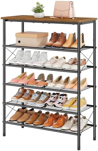 Tajsoon 6 Tier Shoe Rack for 20-24 Pairs of Shoes, Rustic Brown & Black by Tajsoon