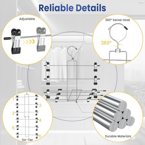 DAMITA Skirt Pants Hangers with Clips Space Saving Hanging Closet Organizer 6 Tiers Hanger with 360° Swivel Hook, Finger-Safe Design- College Dorm Room Apartment Essentials 4-Pack - Image 6
