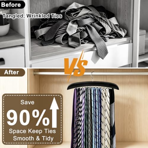 2 Pack Tie Rack Hanger, 24 Hooks Each, Space Saving Wooden Tie Organizer for Men, Holds Up to 24 Ties Belts Scarves, 360° Rotating Anti-Slip Rustproof Foldable Steel Hooks, No Wrinkles - Image 3