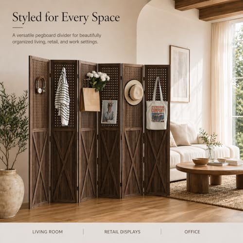 6 Panel Wood Pegboard Room Divider Folding Privacy Screen Brown - Image 5