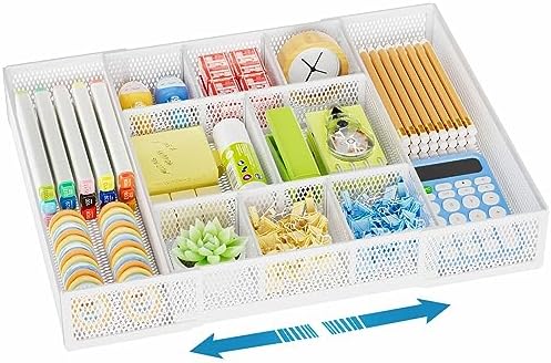 Marbrasse Expandable Desk Drawer Organizer, Mesh Drawer Organizer Tray with 10 Adjustable Compartments, Desk Organizers and Accessories, 5 Dividers Drawer for Office Supplies, Makeup & Vanity (White) by Marbrasse