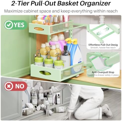 Under Sink Organizer, 2-Pack Pull Out Cabinet Organizer 2 Tier Metal Slide Out Storage Shelf Rack, L-Shaped Adjustable Height,Mesh Sliding Drawer for Kitchen, Bathroom, Laundry, Pantry, Green, XL - Image 4