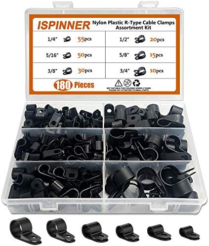 ISPINNER 180pcs Nylon Plastic R-Type Cable Clamps, 1/4" 5/16" 3/8" 1/2" 5/8" 3/4" Clips Fasteners Assortment Kit for Cable Conduit (Black) by ISPINNER