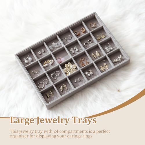 Large Jewelry Organizer for Drawer Insert Velvet Stackable Jewelry Trays for Earring Necklace Bracelet Ring Display (Gray, 24 Grids) - Image 2