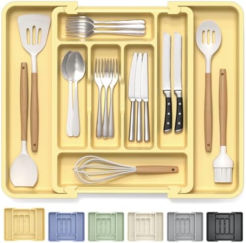 Caperci Large Silverware Organizer for Kitchen Drawer & Utensils - Expandable Drawer Organizer for Cutlery, Flatware & Gadget, BPA-Free Thick Plastic, Wider Compartments & Non-skid Feet (Desert Sand) by Caperci