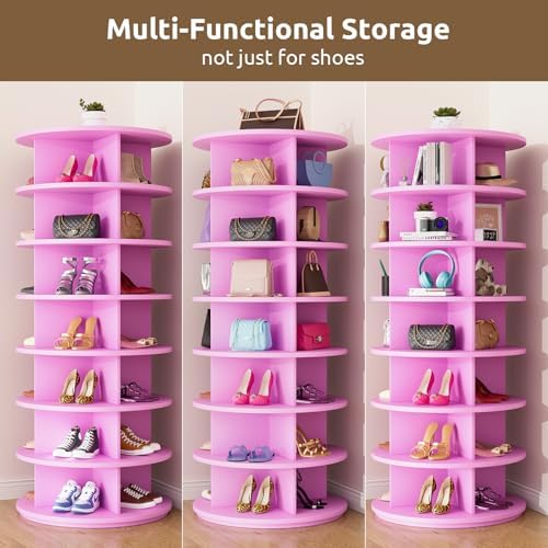 Rotating Shoe Rack 7 Tier Spinning Shoes Organizer Tower for 28-32 Pairs Lazy Susan 360 Revolving Shoe Storage Cabinet Rotate Shoe Handbag Rack Round Carousel for Closet, Bedroom (Pink) - Image 6