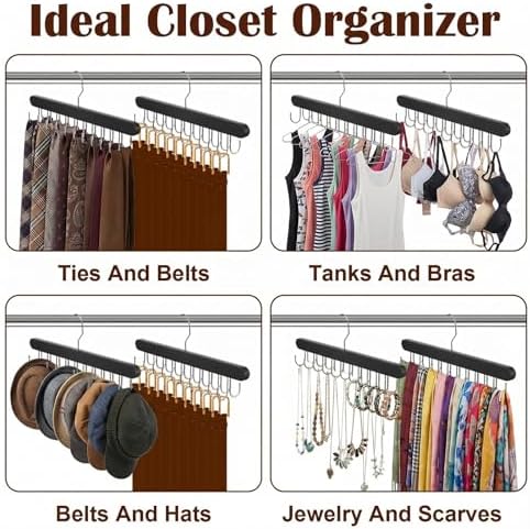 4 Pack Tie Rack and Belt Hanger 2 in 1, Wooden Tie Organizer for Closet with 20 Foldable Hooks, Space Saving Necktie Holder and Belt Organizer, Black - Image 7