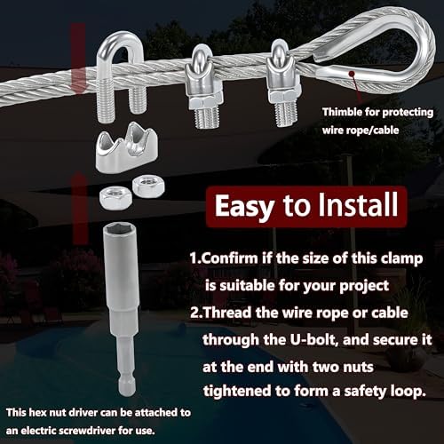 12PCS 3/16-1/4 Inches M5 Stainless Steel Wire Rope Clips,6PCS Thimbles - Image 5