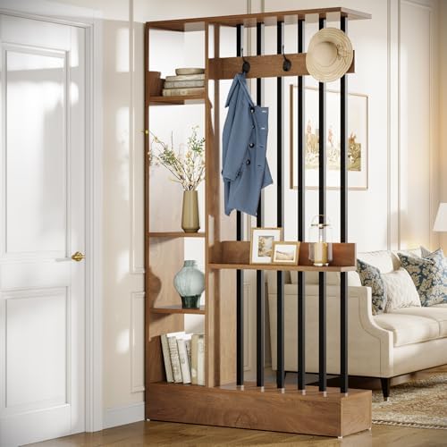Tribesigns Wall Room Divider, Wood Freestanding Room Divider Bookcase with Shelves & Coat Hooks, 71" Modern Wall Partition for Home & Office Decorative, Brown by Tribesigns