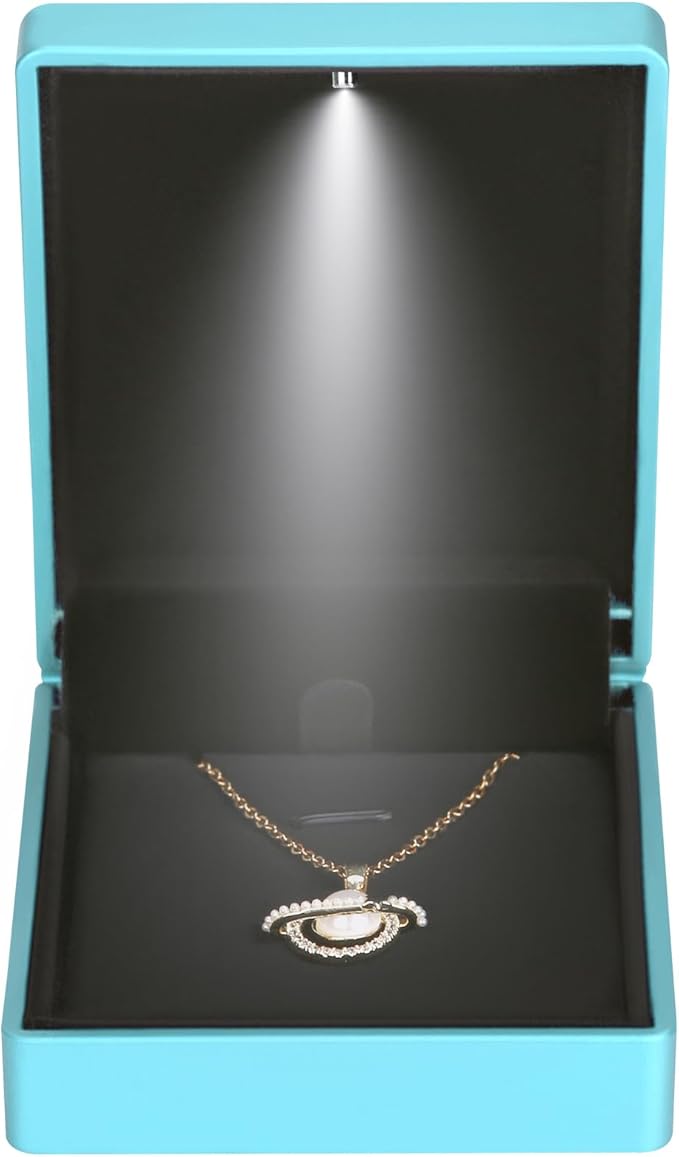 LED Light Pendant Necklace Gift Box, Velvet Jewelry Storage Display Case for Proposal Engagement Wedding Anniversary Birthday Valentine's Day (Blue Style 2)