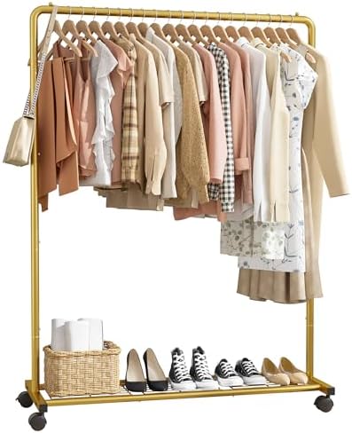 Sakugi Clothes Rack - Clothing Rack with Storage Mesh Shelf & Casters, Heavy-Duty Metal Clothing Rack for Hanging Clothes, Dresses, Coats, Large Load Capacity, Easy Assembly, Gold, 44.3"x16.9"x59.0" by Sakugi