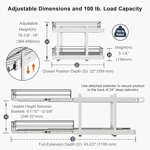 2 Tier Pull Out Cabinet Organizer - 20" W x 22" D Soft Close Slide Out Shelves with Shelf Liners - Pullout Drawers for Kitchen Cabinets, Pantry, Bathroom, Heavy Duty Steel Wire Baskets - Image 3