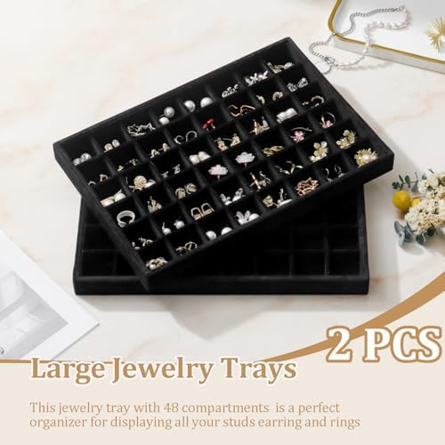 Large Jewelry Organizer for Drawer Insert Velvet Stackable Jewelry Trays for Earring Necklace Bracelet Ring Display (Black, 24 Grids) - Image 2