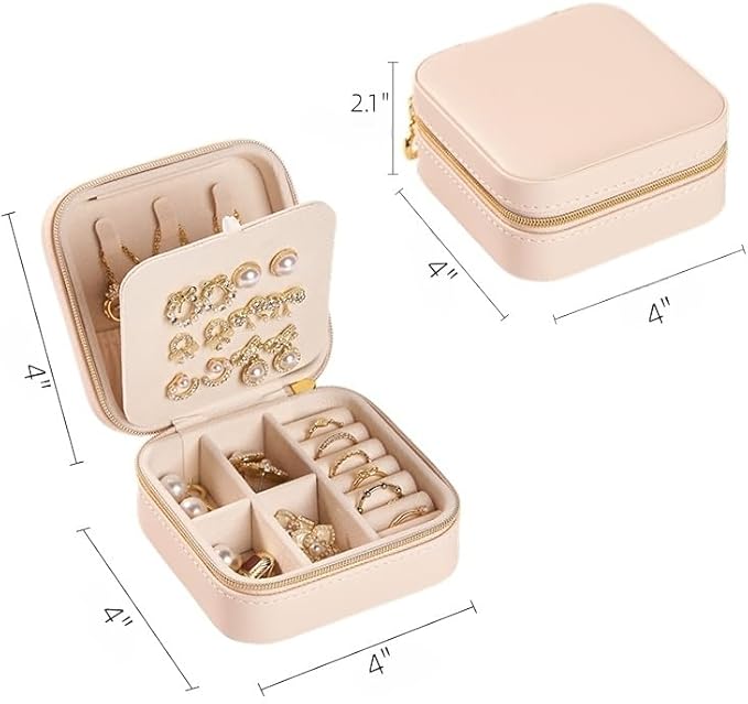 Travel Jewelry Box, PU Leather Small Jewelry Organizer for Women Girls, Portable Mini Travel Case Display Storage Holder Boxes for Stud Earrings, Rings, Necklaces (Apricot color)