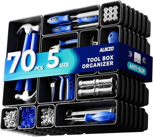 70 PCS Tool Box Organizer Tray & Desk Drawer Organizer Set, 5 Size Interlocking Bins for Garage Tool Storage, Mechanic Tool Chest, Rolling Cart, Workbench Drawers with EVA Non Slip Pads by ALIKZO