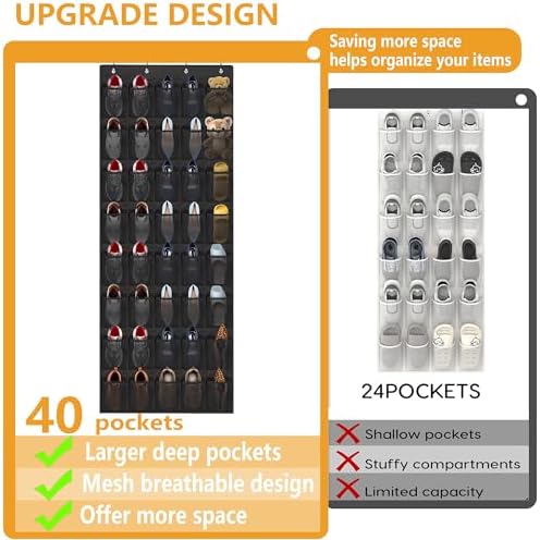 Over the Door Shoe Organizer, 40 Large Mesh Pockets Hanging Shoe Rack Organizer for Closet Behind the Door Storage Holder for Entryway Bedroom Dorm Black - Image 4