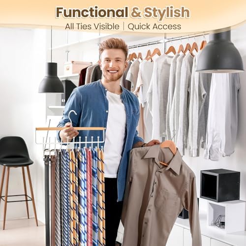 Tie Belt Rack Hanger for Closet, Wood Tie Holder Organizer with 20 Hooks - Image 3