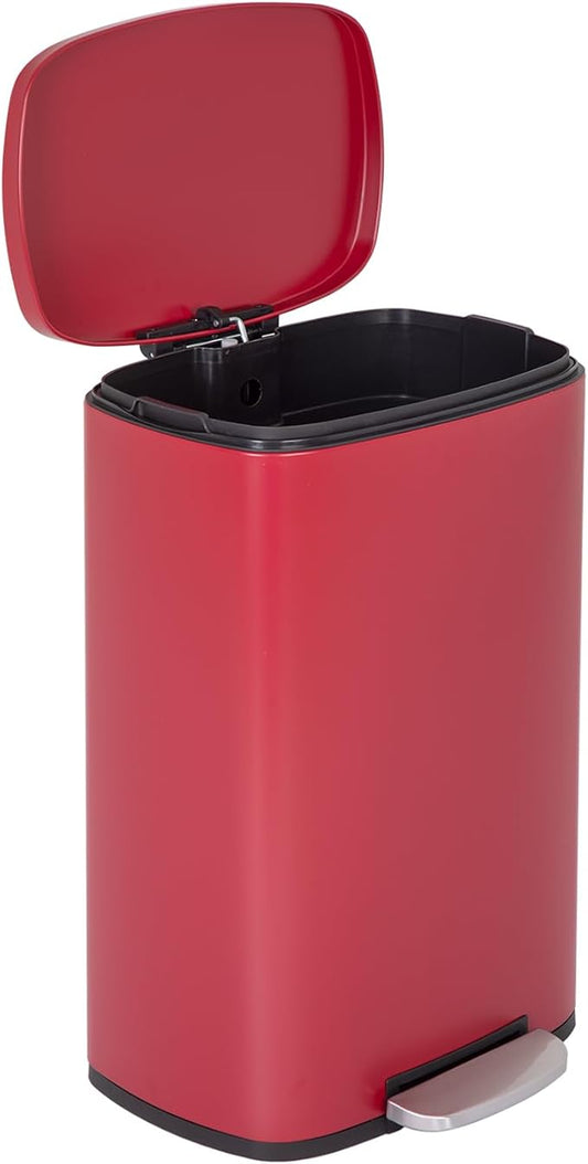 FDW | 13 Gallon Trash Can with Lid | Red | Fingerprint-Proof | Made of Brushed Stainless Steel | Soft-Close Step Pedal | Hands-Free Use | Easy to Clean | for Kitchen, Office, Bathroom