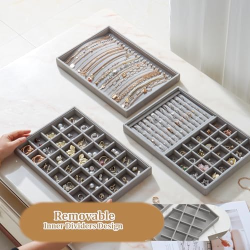 Large Jewelry Organizer for Drawer Insert Velvet Stackable Jewelry Trays for Earring Necklace Bracelet Ring Display (Gray, 35 Grids) - Image 4