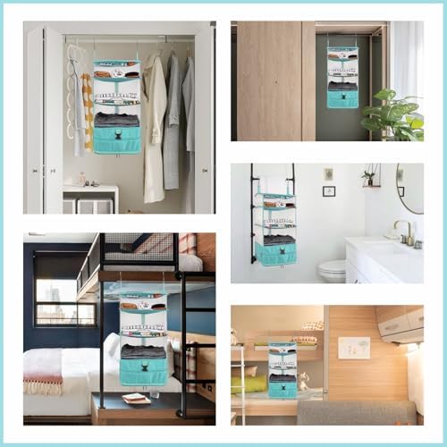 Surblue Hanging Closet Storage Bag Collapsible 3-Shelf Washable Oxford Fabric with 2 Hooks (L 11.41 * 11.41 * 19.68in, Aqua Blue) - Image 7
