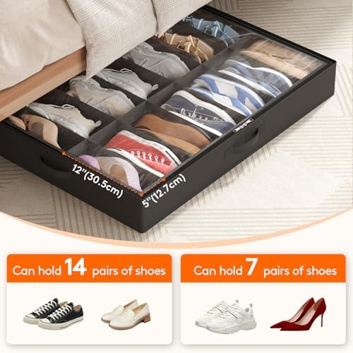 Lifewit Under Bed Shoe Storage Organizer 1 Pack(14 Shoes Cells), 4.3 Inches Profile Fabric Shoes Container Box with Clear Cover, Foldable Storage Bag with 2 Handles, Fits 7 to 14 Pairs - Image 4