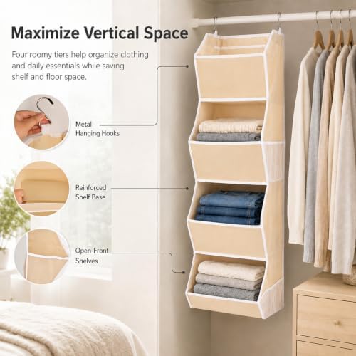 4-Shelf Hanging Closet Organizer and Storage, Fabric Storage Bins Bedroom Organization with Mesh Pockets, Collapsible Hanging Shelves Wardrobe Organization for Home, Dorm, Rv (Beige) - Image 6