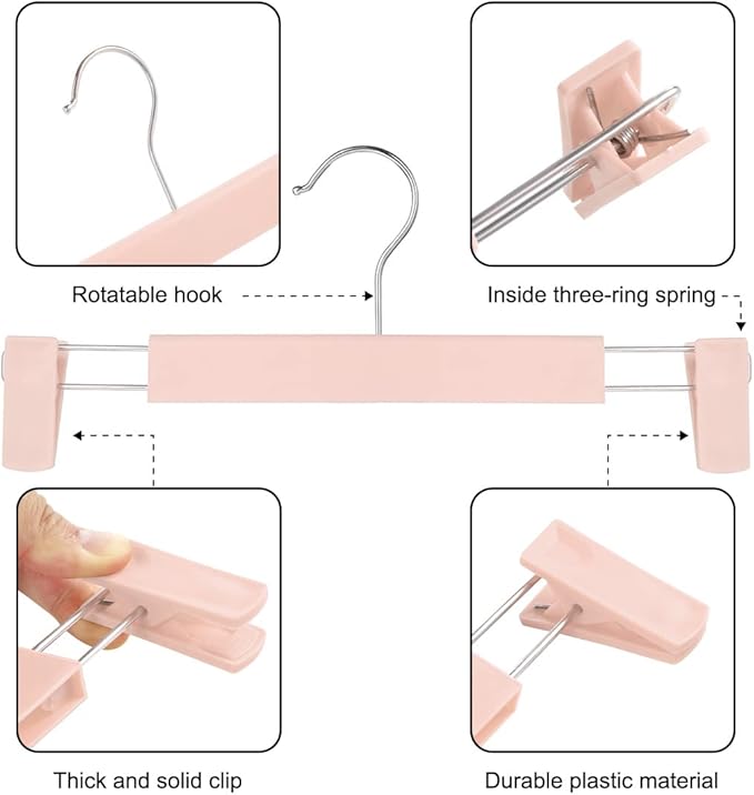 GUANJUNE Clothes Pants Hangers, Space-Saving Skirt Holders with 360 ° Swivel Hooks, Adjustable Clips, Trouser Hangers, Clothes Coat Garment Jeans Hangers (10 Pack, Pink)