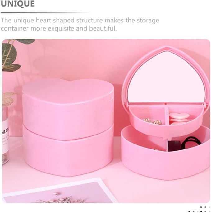 Cabilock 4 PCS Heart Shape Double Layer Jewelry Box with Mirror, Portable Jewelry Organizer Case for Earrings Rings Necklaces Desk Topper Organizer, Pink