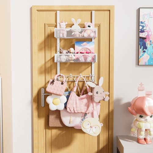 Consumest Over The Door Hooks Organizer - 3 Tier Door Hanger with 9 Coat Hooks & 2 Mesh Basket, Back Storage Organizer Hanging Towels for Bathroom, Bedroom, White - Image 5