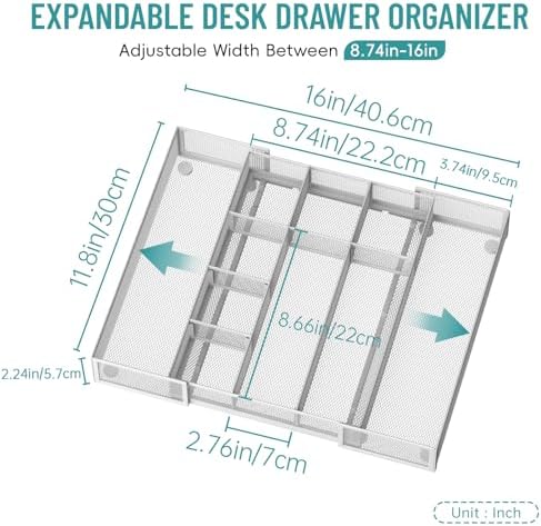 Expandable Desk Drawer Organizer, 10 Adjustable Compartments, White - Image 2