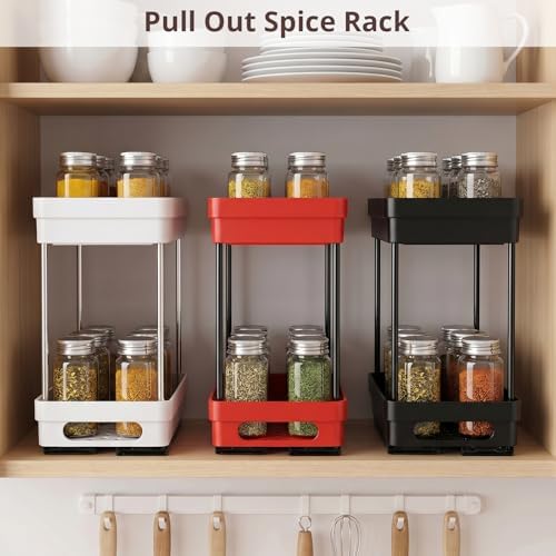 3 Pack Pull Out Spice Rack Organizer for Cabinet, Slide Out Spice Racks Organizer, Spice Cabinet Organizers, Cabinet Size Need:12'' Highx11'' Deepx5'' Wide,Each Tier Hold 10 Spice Jar- 2 Tier,3 Colors - Image 7