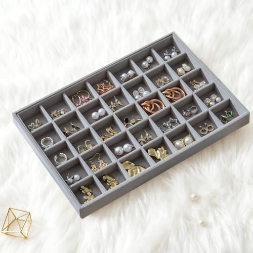 Large Jewelry Organizer for Drawer Insert Velvet Stackable Jewelry Trays for Earring Necklace Bracelet Ring Display (Gray, 35 Grids) - Image 5