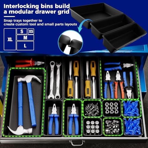 70 PCS Tool Box Organizer Tray & Desk Drawer Organizer Set, 5 Size Interlocking Bins for Garage Tool Storage, Mechanic Tool Chest, Rolling Cart, Workbench Drawers with EVA Non Slip Pads - Image 5