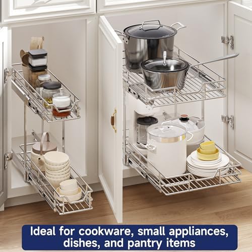 2-Tier Pull Out Cabinet Organizer, 10.5" W x 21.5" D, Heavy Duty Dual Slide Out Shelves for Narrow Base Cabinets, Chrome Wire Basket Drawer for Spices, Bottles & Snacks - Image 6