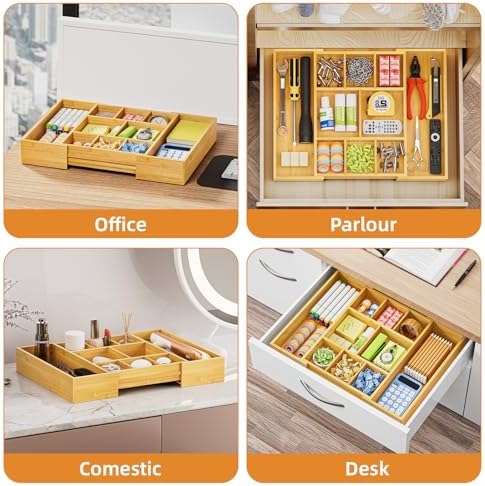 Marbrasse Bamboo Expandable Drawer Organizer, Desk Drawer Organizer Tray with 5 Dividers, Desk Organizers and Accessories, 10 Adjustable Compartments for Office Supplies, Junk, Makeup & Vanity - Image 4