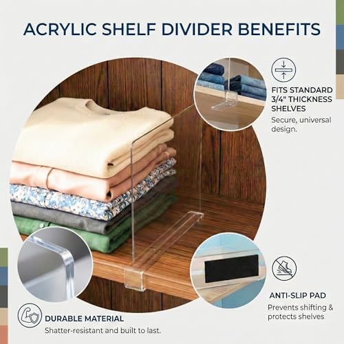 Acrylic Shelf Dividers, 8 Pack Clear Closet Shelf Organizer, Slide-On Vertical Dividers for Sweaters, Shirts, Towels & Handbags, Fits 3/4 in Shelves, 11 x 8 in - Image 3