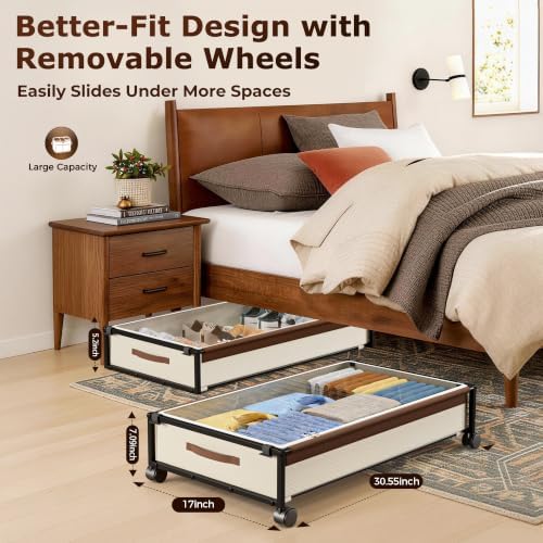 OMAIRA Under Bed Storage with Wheels, 2-Pack Splittable into 4-Pack, Easy Hook-and-Loop Assembly, Underbed Shoe Storage Organizer with Clear Lids & Rolling Drawers for Clothes, Shoes & Toys - Image 5