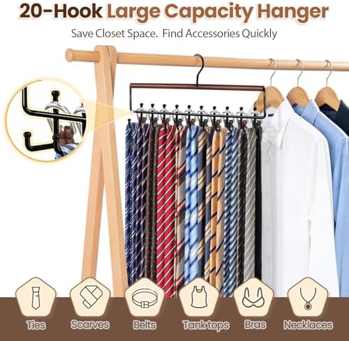 2PC Tie Belt Rack Hanger for Closet, Wood Tie Holder Organizer with 20 Hook - Image 2