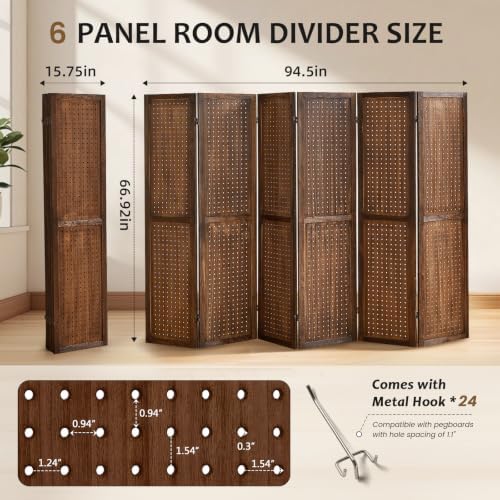 6 Panel Pegboard Room Divider, Folding Privacy Screen, Brown - Image 3